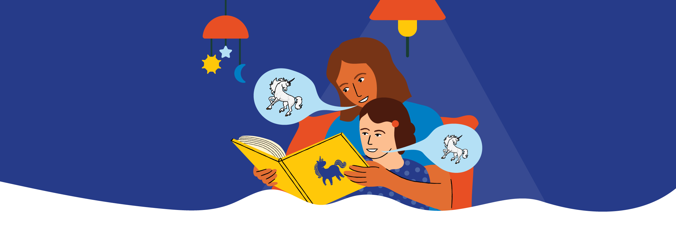 An adult reading a picture book with a unicorn on the cover. Two speech bubbles with unicorns coming from the adult's and child's mouth.