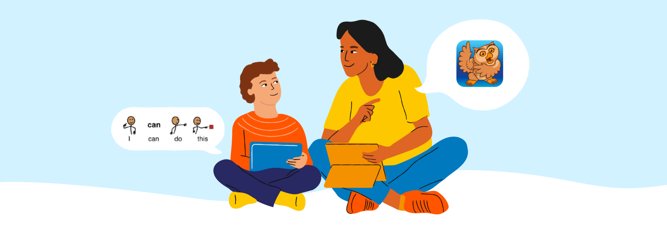 Child and adult sit crossed legged on the floor with iPad. The child types I can go there with symbols and the adult points to the Proloquo2Go icon.