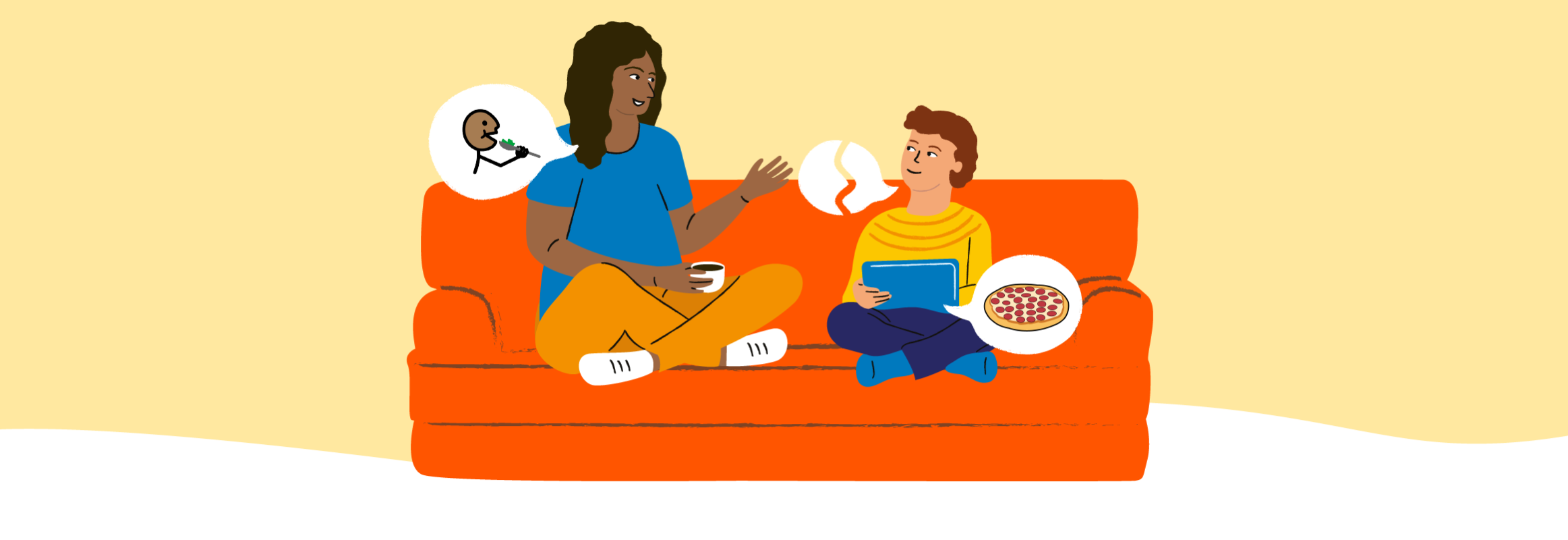 An adult and child shit on a couch together. The adult has a speech bubble with a symbol for eating. The child has a broken speech bubble coming from his mouth and a symbol for a pizza comign from his iPad