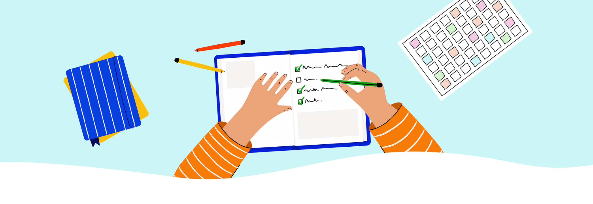 Illustration of hands writing and checking off boxes in a notebook